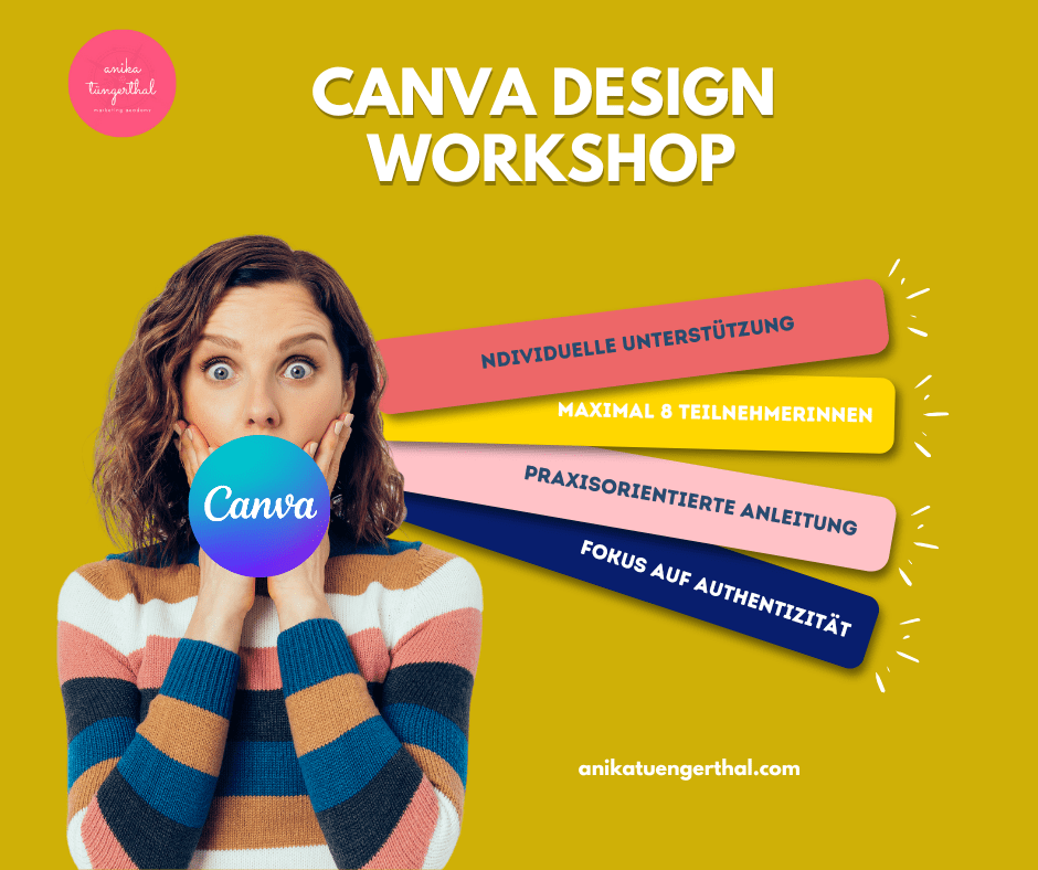 Eine Frau in gespannter Stimmung mit den Händen vor dem Mund und weit aufgerissenen Augen auf einen Canva Workshop, um selbst als Nicht-Designer tolle Grafiken und Social Media Inhalte erstellen zu können