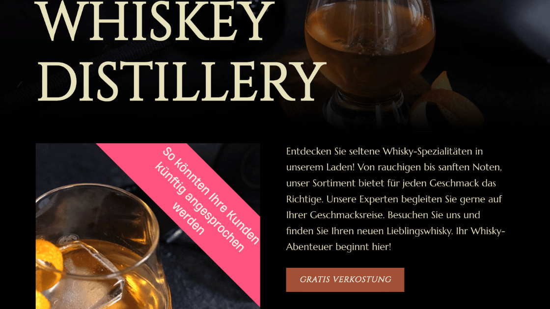 Whiskey Glas auf einer Startseite eines Spirituosen Geschäftes, als Beispiel für eine Klinik Webseite, erstellt von Digitale Marketing Academy by anikatuengerthal.com
