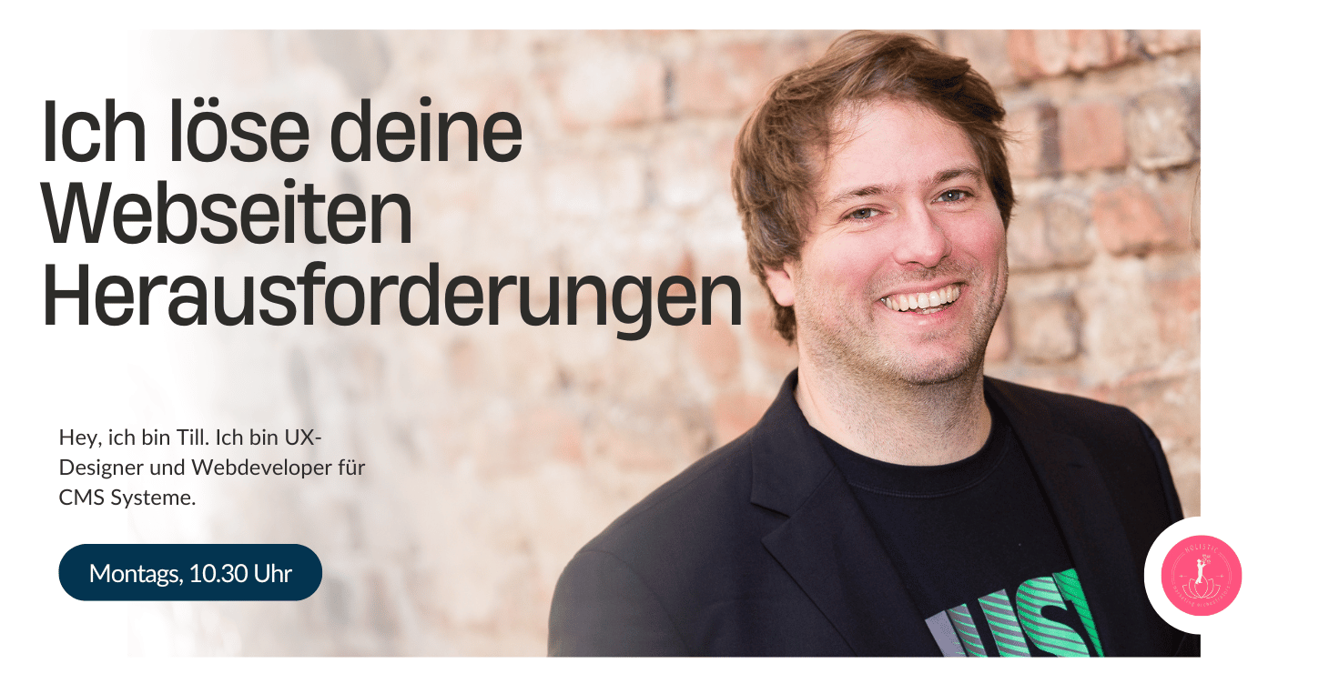 UXDesign_Q&A_ Junger Mann schaut lächelnd in die Kamera mit dem Hinweis, dass er deine Webseiten Probleme löst, jeden Montag 10.30 Uhr, UXDesign_Q&A_