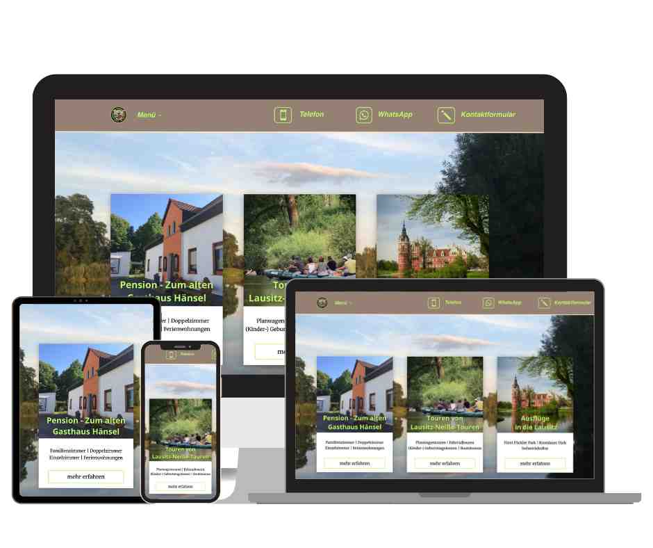Ideen selbständig machen Pension zum alten Gasthaus Hänsel - lausitz-neisse-touren Ideen selbständig machen – Beispiel einer responsiven Webseite für die Pension „Zum alten Gasthaus Hänsel“ und Lausitz-Neiße-Touren, entwickelt von der Digitalen Marketing Academy by Anika Tüngerthal (anikatuengerthal.com), optimiert für Desktop, Tablet und Smartphone.