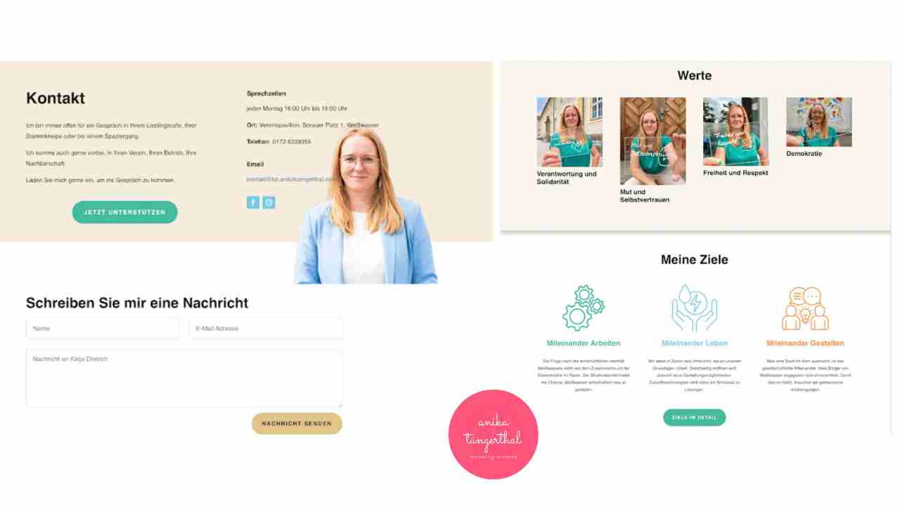 Wahlkampf-Webseite für Oberbürgermeister-Kandidatin Katja Dietrich, erstellt von der Digitalen Marketing Academy by Anika Tüngerthal. Beispiel für politische Sichtbarkeit und Ideen, sich selbständig zu machen – mit klarem Fokus auf Werte, Kontaktmöglichkeiten und Barrierefreiheit.